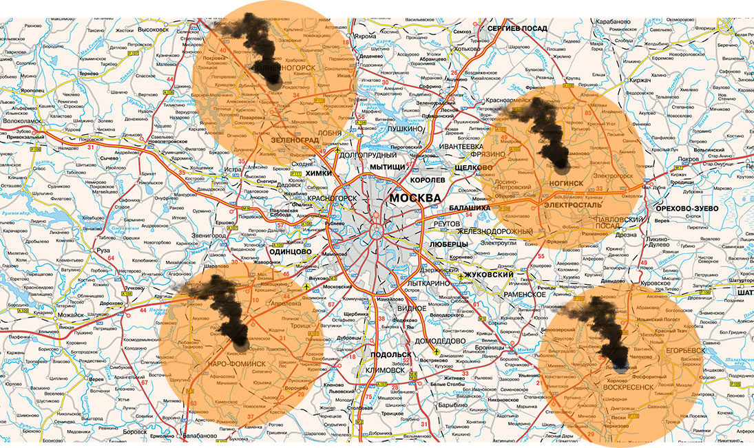 Зоны загрязнения мусоросжигательных заводов Московской области