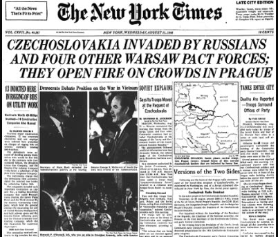 The New York Times. Вторжение, начавшееся в ночь на 21 августа, положило конец эксперименту Дубчека по созданию “коммунизма с человеческим лицом”, который начался в январе