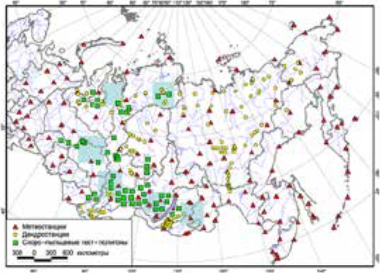 Пространственное распределение дендрохронологических тест-полигонов (дендростанций), метеорологических станций и споро-пыльцевых тест-полигонов на территории Сибири, включенных в систему дендроклиматического мониторинга РФ (рис. Владимира Шишова)