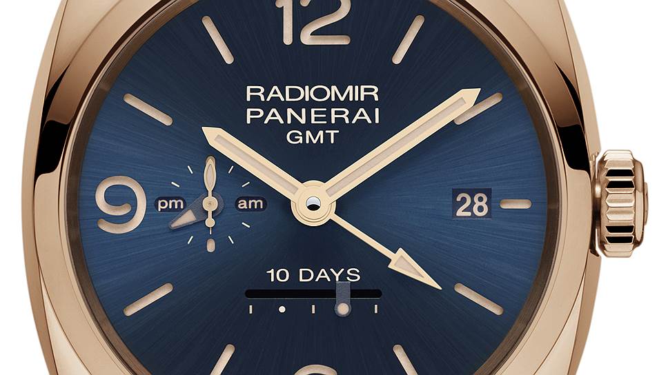 Panerai Radiomir 1940 10 Days GMT Automatic Oro Rosso. Мануфактурный механизм P.2003/10 с автоматическим подзаводом и запасом хода 240 часов, указателем второго часового пояса, 24-часовым индикатором, линейной шкалой запаса хода, системой установки секундной стрелки на ноль. Корпус из красного золота 45 мм. Водонепроницаемость 50 метров  