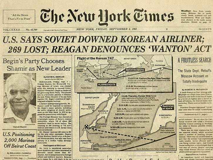 Первая полоса The New York Times, 2 сентября 1983 года. 