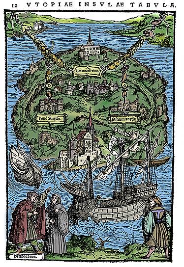 Карта острова Утопия из книги Томаса Мора «О наилучшем устройстве государства и о новом острове Утопия». Лейпциг, 1518 