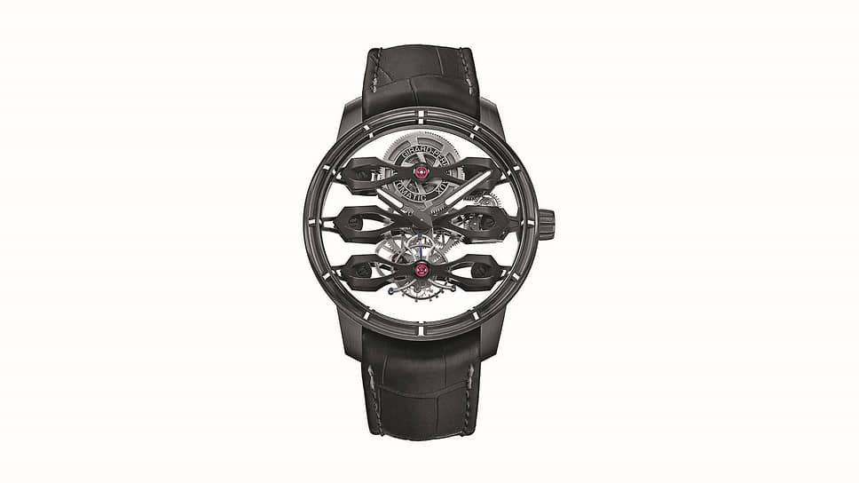 44-миллиметровый корпус Tourbillon with Three Flying Bridges – Aston Martin Edition изготовлен из прочного гипоаллергенного и суперлегкого титанового сплава Grade 5 и имеет алмазоподобное углеродное покрытие DLC 