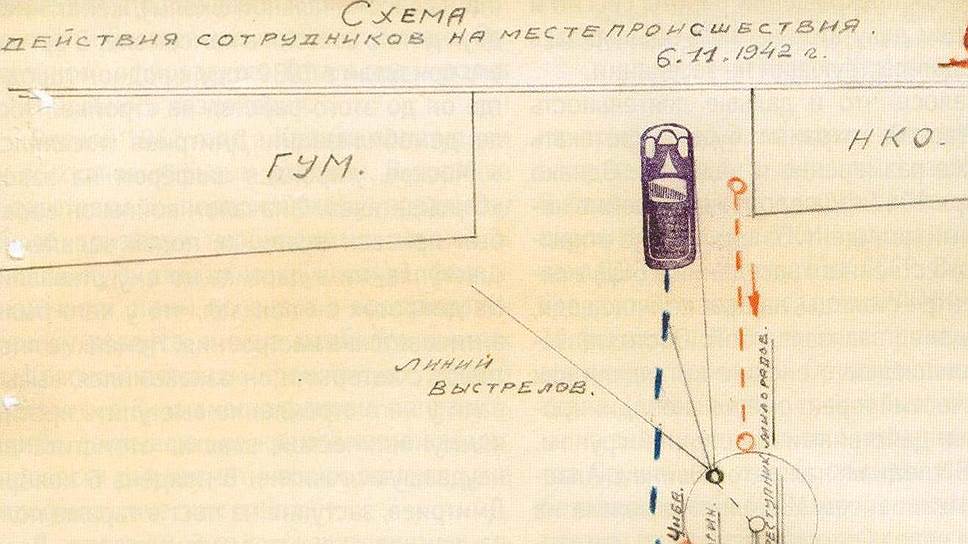 Схема покушения на Микояна 6 ноября 1942 года. Бронированный «Паккард» выехал из Кремля через Спасские ворота в направлении улицы Куйбышева (ныне — Ильинка). Перед Лобным местом автомобиль снизил скорость и повернул направо из-за мешавшего извозчика с возом сена, следовавшего с Васильевского спуска к Красной площади. Когда «Паккард» поравнялся с Лобным местом, дезертир Дмитриев открыл по нему огонь из винтовки 
