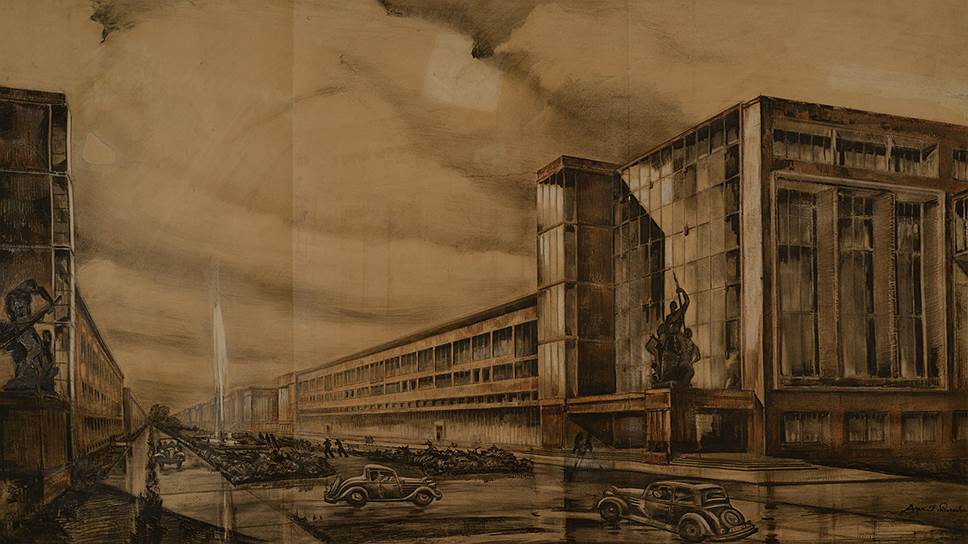 А.С. Фисенко, Е.М. Попов, А.Э. Зильберт, С. Муравьев, В. Златолинский, Н. Морозов, А. Гуля, Ю. Жданович, В. Калинин, М. Чалый, консультанты В.А., А.А. Веснины. Проект реконструкции автомобильного завода им. И.В. Сталина (ЗИС). Москва. Вторая половина 30-х годов. Бумага, карандаш, цветной карандаш, уголь, белила 