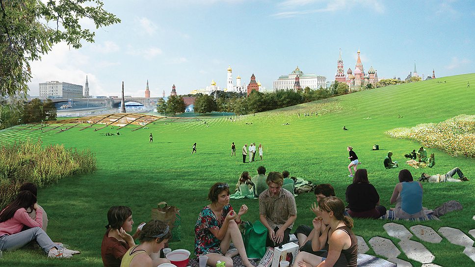Парк «Зарядье» летом. Согласно концепции команды Diller Scofidio + Renfo,  «посетителям парка не навязываются определенные маршруты, а растения растут свободно» 