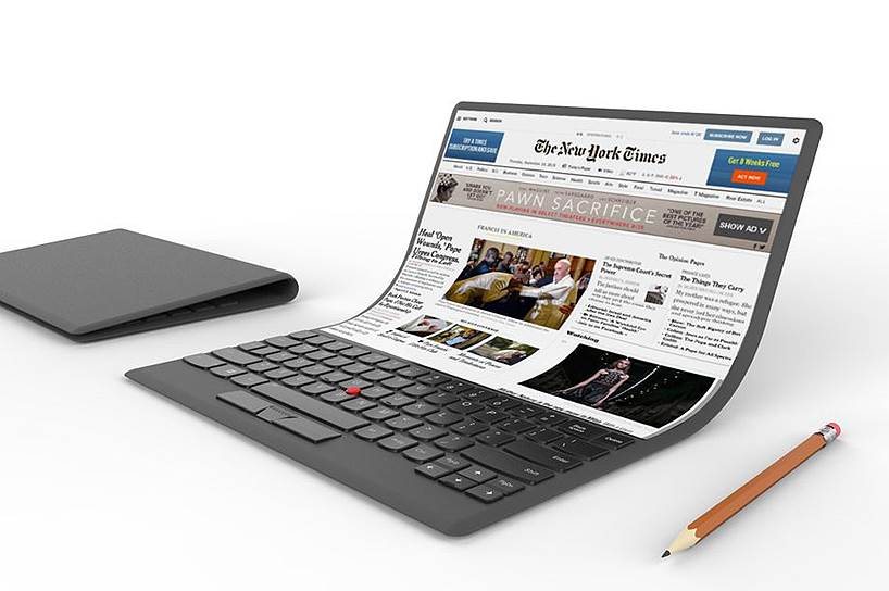Lenovo В июне 2017 года Lenovo представила концепт ноутбука с гибким экраном. Устройство оснащено тензометрическим джойстиком и классической, а не виртуальной, клавиатурой. Предполагается, ноутбук будет постоянно находиться онлайн, управление гаджетом осуществляется с помощью стилуса голосовых команд