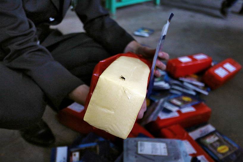 Уничтожение санкционных продуктов, 500 кг сыров и говядины ввезенных из Польши, на промышленной территории аэропорта "Пулково"