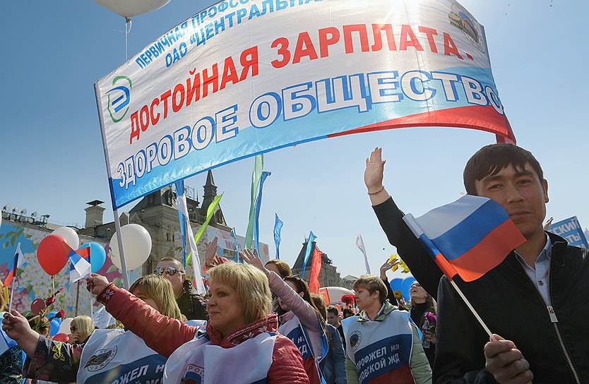 Колонна из представителей профсоюзов двинулась от Храма Василия Блаженного через Красную площадь к Историческому музею