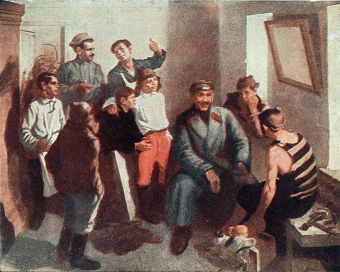 «Помните, ребята, что “фабрику людей” мог создать товарищ Ягода потому, что он сын великой нашей родины» (на фото — репродукция картины художника-болшевца А. Шецелюка «Г. Г. Ягода у болшевцев»)