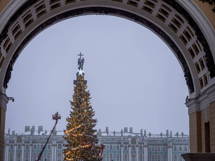  Главная ель Санкт-Петербурга установлена на Дворцовой площади. Впервые за семь лет установили живое дерево. Весит оно 12 тонн, имеет высоту 25 м, а возраст — около 100 лет. Согласно сайту госзакупок, установка и украшения обошлись бюджету в 13 млн руб. При этом некоторые горожане остались недовольны сооружением, так как, по их мнению, ель выглядит облезлой. В Смольном сказали, что это особенности транспортировки и вскоре ель распушится. Через некоторое время у дерева прошел одиночный пикет, — девушка встала с плакатом: «Не распушится» 