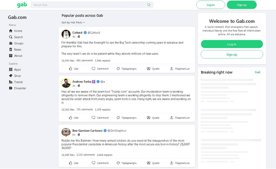 Критики Gab обвиняют сервис в том, что в нем много экстремистского, антисемитского и другого контента, и в том, что он особенно популярен среди правых радикалов 