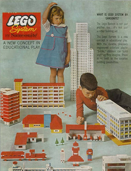 В 1960 году компания прекратила выпуск деревянных игрушек. Тогда же Lego начала осваивать рынки США и Канады, продажи достигали там 5 млн наборов в год  На фото: реклама Lego в США, где компания работала в сотрудничестве с Samsonite 