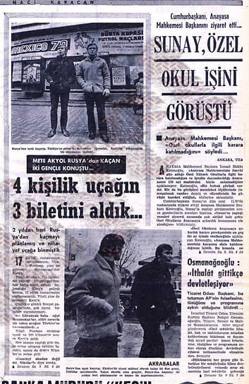27 октября 1970 года 21-летний студент крымского мединститута Николай Гилев и 20-летний студент Севастопольского приборостроительного института Виталий Поздеев купили билеты на рейс «воздушного такси» Керчь—Краснодар. Когда самолет L-200 взлетел, студенты, угрожая пилотам, приказали им держать курс на Стамбул. Самолет удачно приземлился в Турции. Студенты сразу же запросили убежища в США, но страна не проявила в их отношении интереса. Этот угон считается одним из самых бессмысленных, так как спустя год оба захватчика добровольно вернулись в СССР, где были арестованы и приговорены к тюремным срокам На фото: статья об угонщиках в турецкой газете