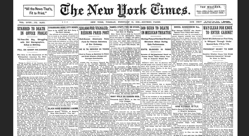 Статья о происшествии с ластиком на первой полосе газеты The New York Times от 16 февраля 1909 года 