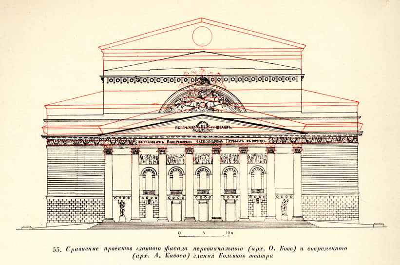 После пожара 1853 года архитектор Альберт Кавос значительно увеличил высоту здания Большого 