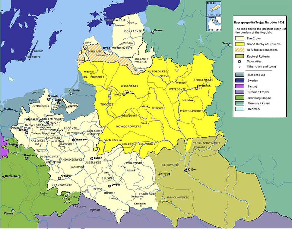1658 год. Украинский гетман Иван Выговский заключил союз с Речью Посполитой - Гадячский трактат, по нему украинские земли входили в состав Польши в виде "Великого Княжества Русского" 