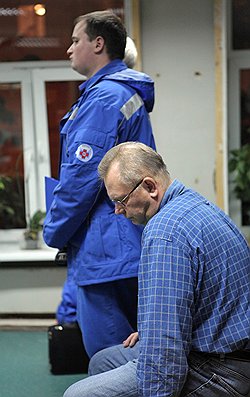 Генеральный директор коммерческой фирмы ООО "Результат" Сергей Белобородов (справа), проходящий по делу о хищении средств ФМС России в особо крупном размере, на заседании в Пресненском суде