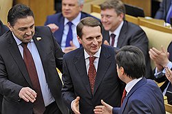 Депутаты Государственной думы России Вячеслав Тимченко, Сергей Нарышкин и Андрей Воробьев на первом заседание Государственной думы шестого созыва 