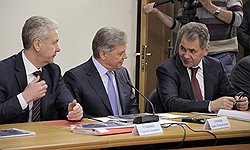 Мэр Москвы Сергей Собянин, губернатор Московской области Борис Громов и министр России по делам гражданской обороны, чрезвычайным ситуациям и ликвидации последствий стихийных бедствий Сергей Шойгу на совещании по вопросу концепции развития московской агломерации 