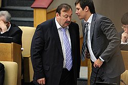 Член комитета Государственной думы (ГД) России по безопасности и противодействию коррупции Геннадий Гудков (слева) и член комитета ГД по физической культуре, спорту и делам молодежи Дмитрий Гудков (справа) на заседании Госдумы России 