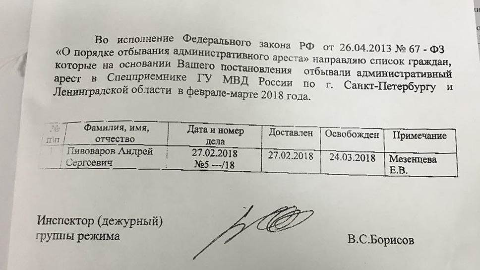 Справка МВД, поступившая в суд по делу координатора «Открытой России» Андрея Пивоварова