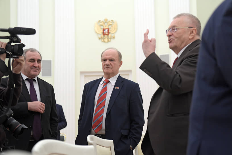Слева направо: руководитель фракции партии «Единая Россия» Сергей Неверов, лидер КПРФ Геннадий Зюганов и лидер ЛДПР Владимир Жириновский в марте 2020 года 