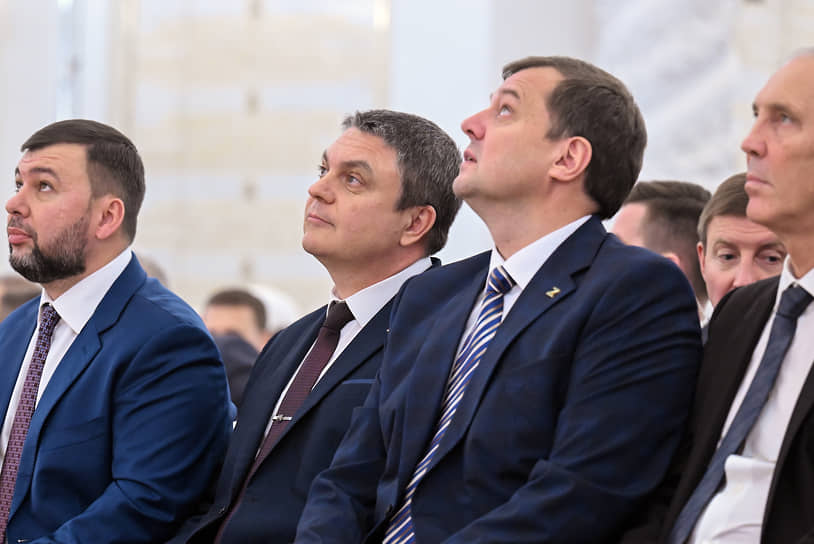 Врио главы ДНР Денис Пушилин, врио главы ЛНР Леонид Пасечник, врио главы Запорожской области Евгений Балицкий и врио главы Херсонской области Владимир Сальдо 