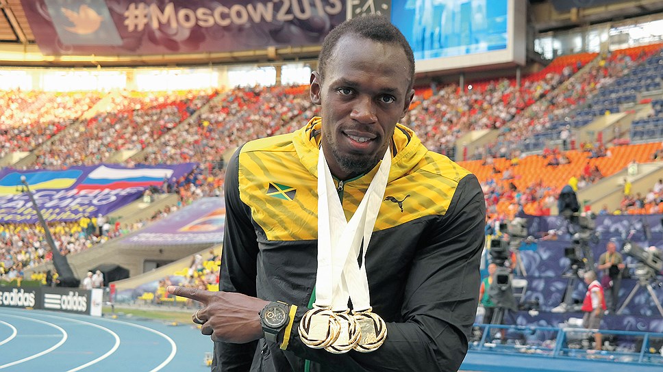 После финала чемпионата мира по легкой атлетике в Москве в часах Hublot King Power Usain Bolt, 2013 год 