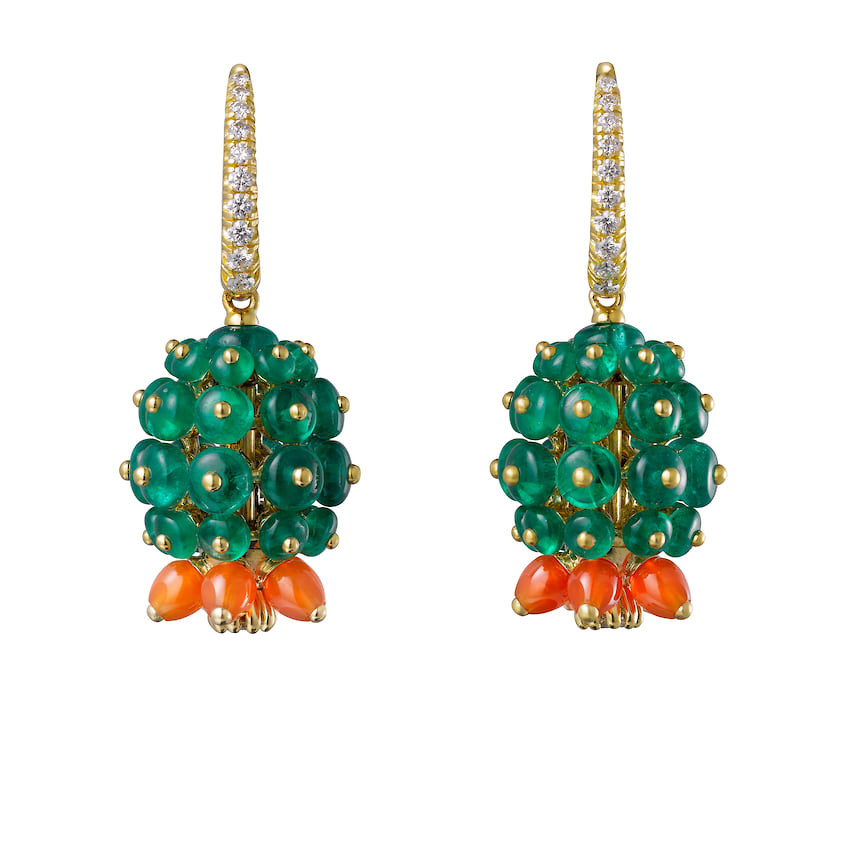 Cartier, серьги Cactus, желтое золото, изумруды, карнелианы, бриллианты
