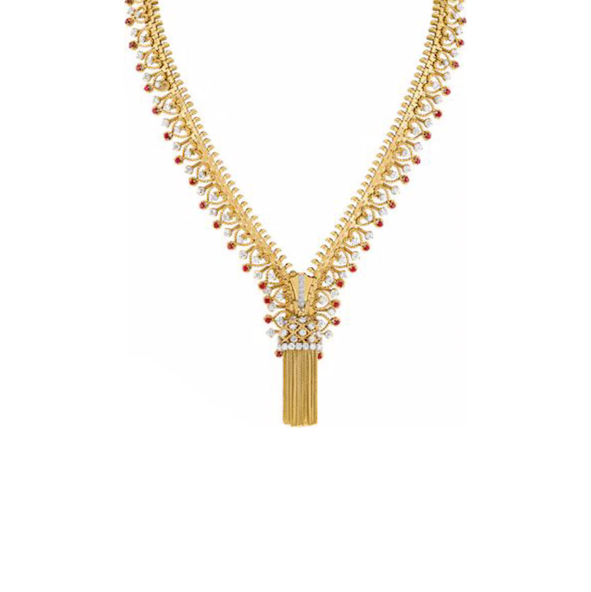 Van Cleef & Arpels, колье-трансформер Fermeture Eclair 1951 года, белое, желтое и розовое золото, рубины бриллианты