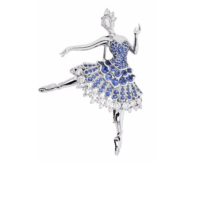 Van Cleef & Arpels, брошь Cardinal Bleu Ballerina, белое золото, сапфиры, бриллианты