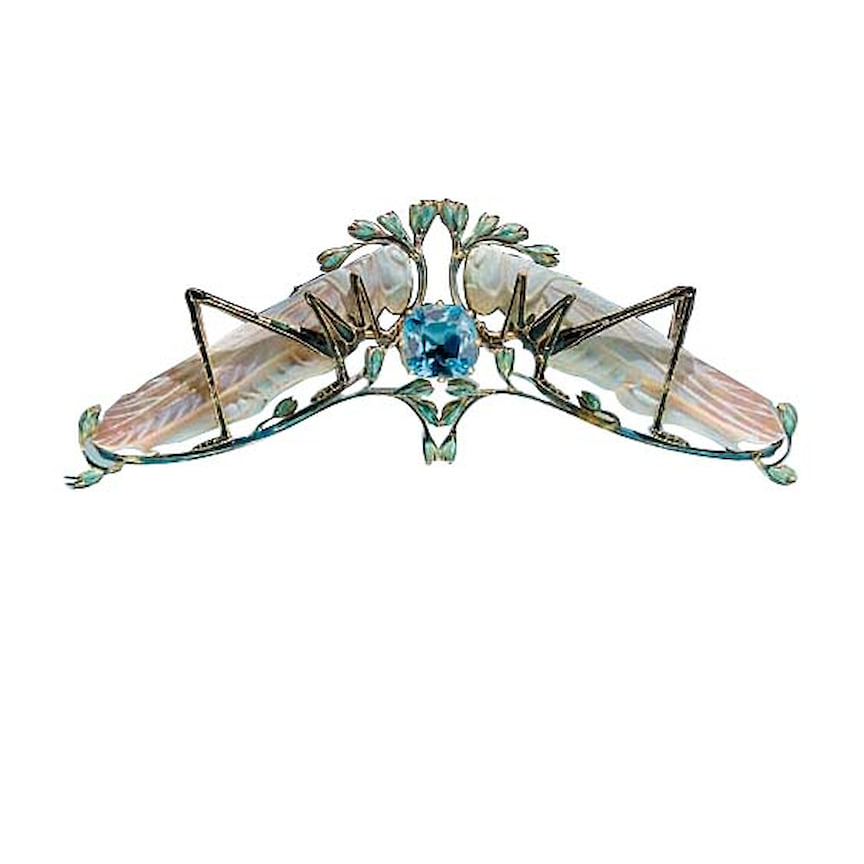 Rene Lalique, брошь Sauterelles, золото, эмаль, сапфир, 1906 год 