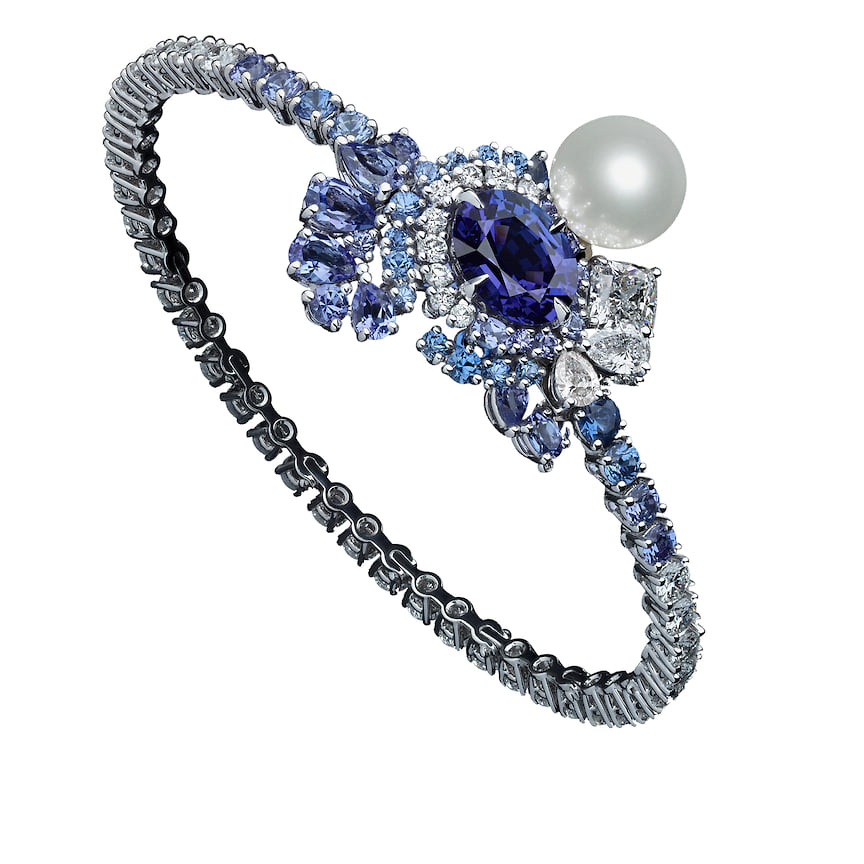 Dior, браслет Tie & Dior, белое золото, бриллианты, культивированный жемчуг, танзаниты и сапфиры