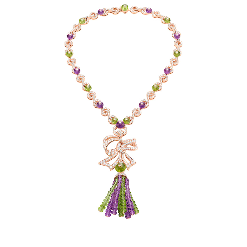 Bvlgari, колье Fiocco, розовое золото, перидоты, аметисты, бриллианты 