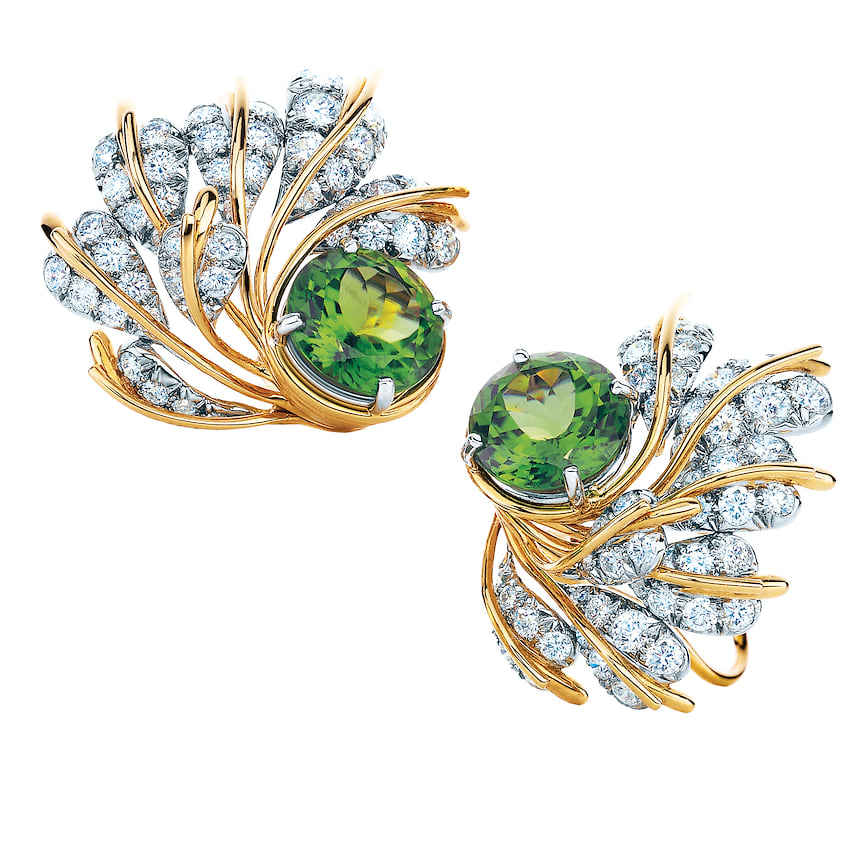 Tiffany & Co. Schlumberger, серьги Leaves, желтое золото, платина, перидоты, бриллианты 