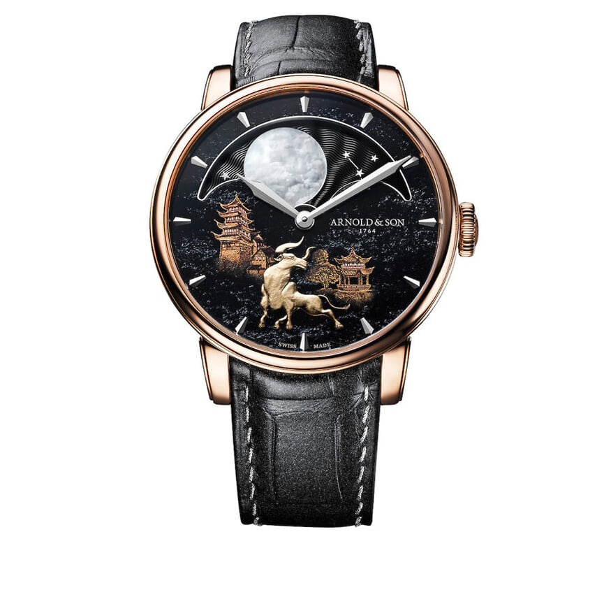 Arnold & Son, часы Perpetual Moon Year of the Ox, 42 мм, розовое и желтое золото, гематит, перламутр, механизм с ручным подзаводом, ограниченная серия 8 штук 