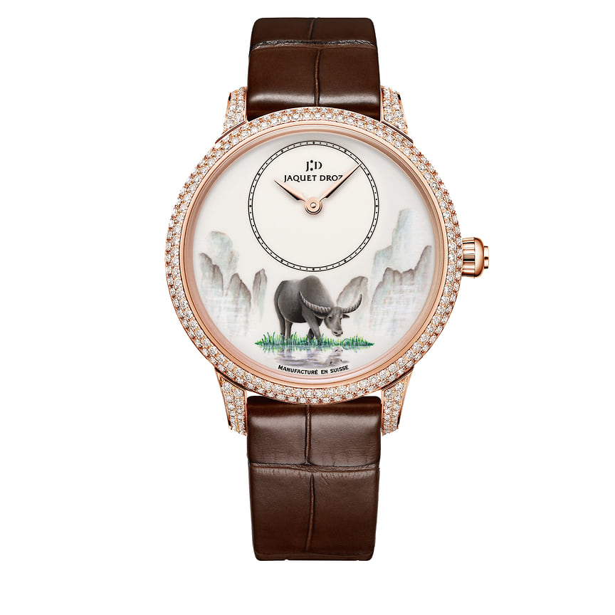 Jaquet Droz, часы Petite Heure Minute Buffalo, 35 мм, розовое золото, эмаль, бриллианты, механизм с автоматическим подзаводом, ограниченная серия 8 штук 