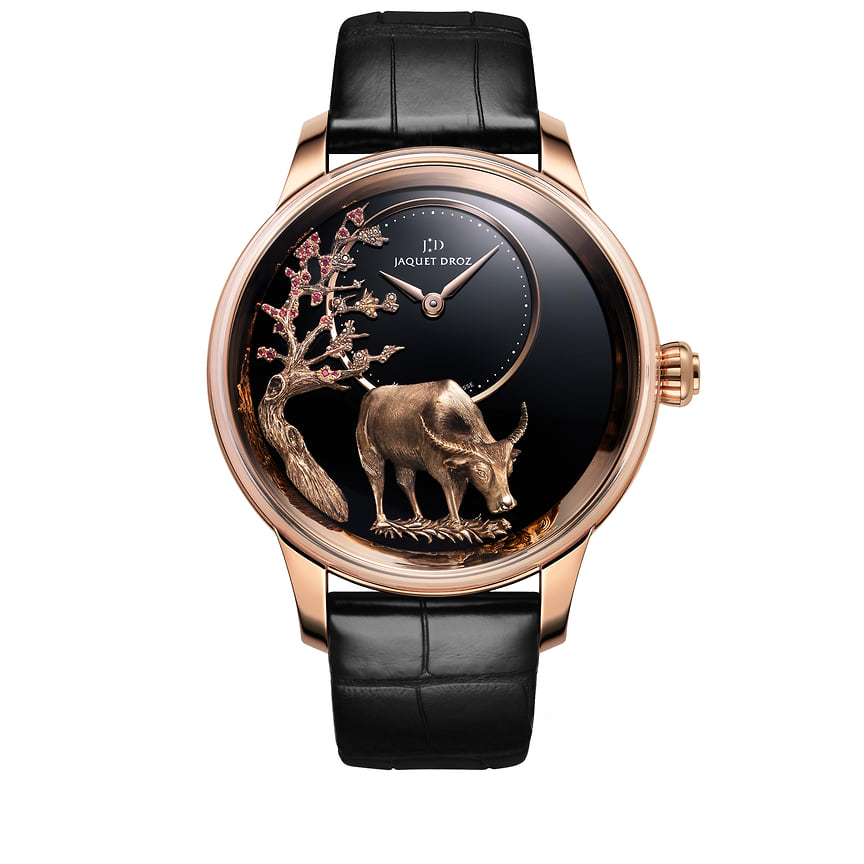 Jaquet Droz, часы Petite Heure Minute Relief Buffalo, 41 мм, розовое золото, оникс, рубины, механизм с автоматическим подзаводом, ограниченная серия 8 штук 