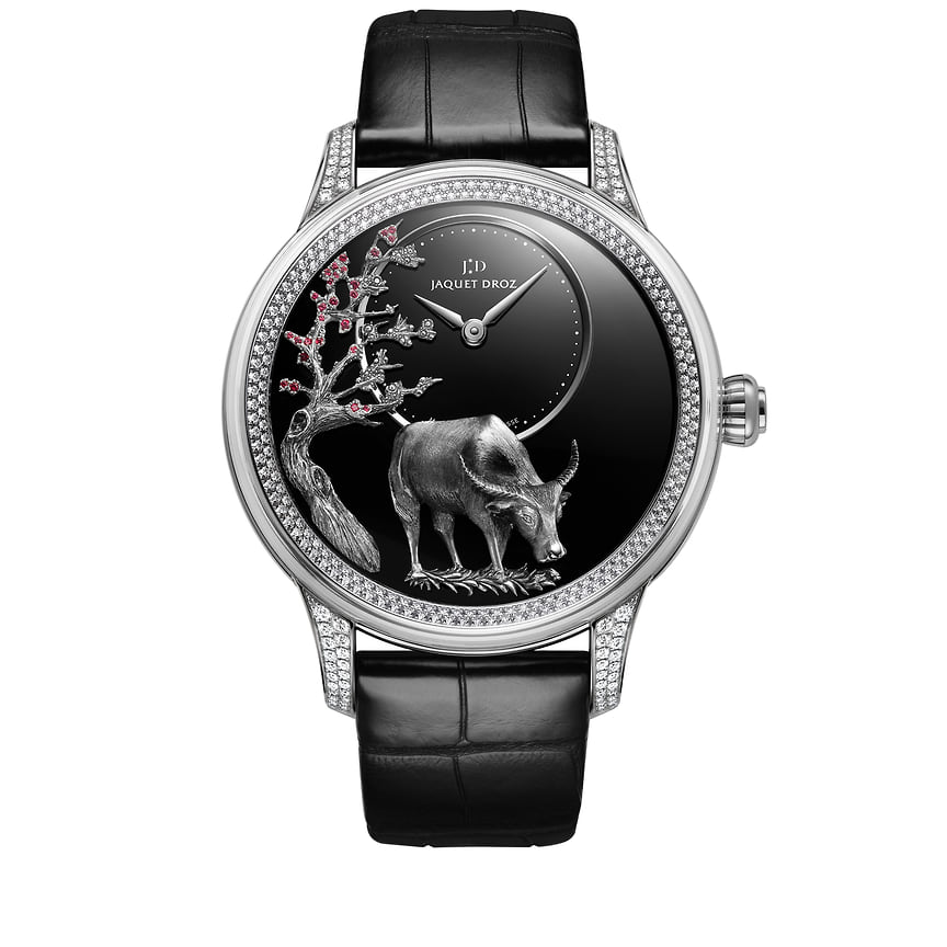 Jaquet Droz, часы Petite Heure Minute Relief Buffalo, 41 мм, белое золото, оникс, рубины, бриллианты, механизм с автоматическим подзаводом, ограниченная серия 8 штук 