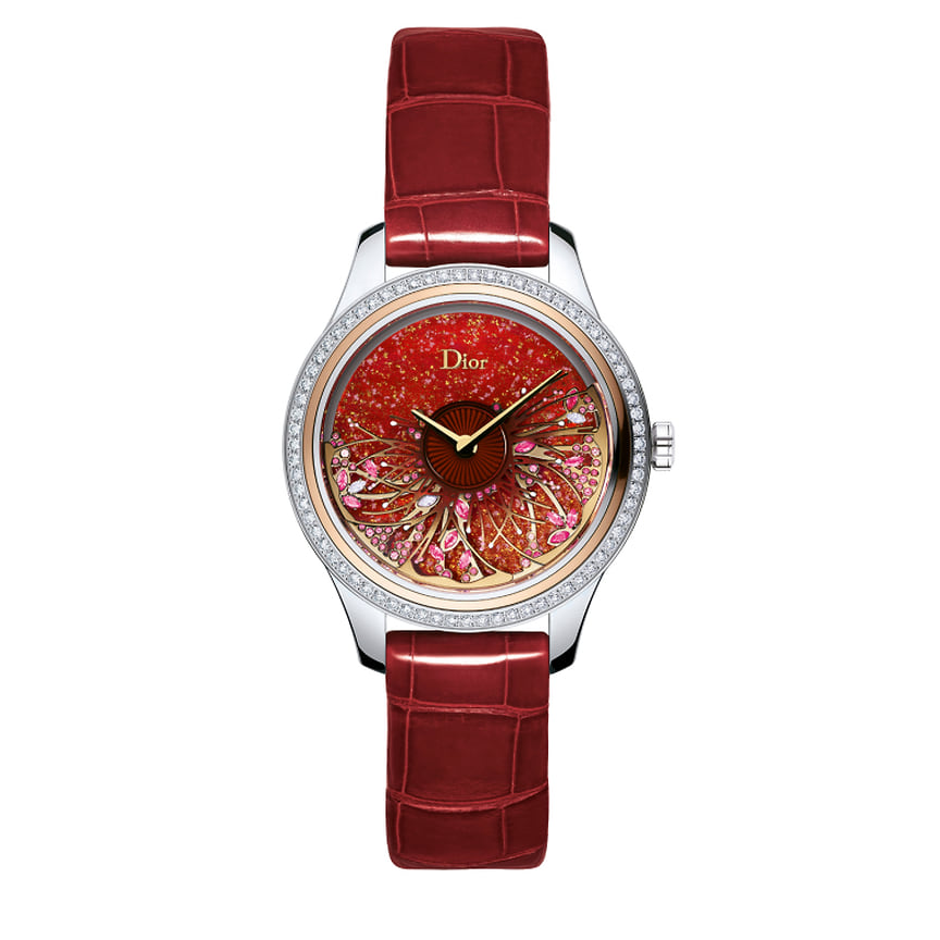 Dior Watches, часы Grand Bal Jardin Fleuri, 36 мм, сталь, розовое золото, красный перламутр, рубины, розовые сапфиры, бриллианты, механизм с автоматическим подзаводом, ограниченная серия 88 штук 