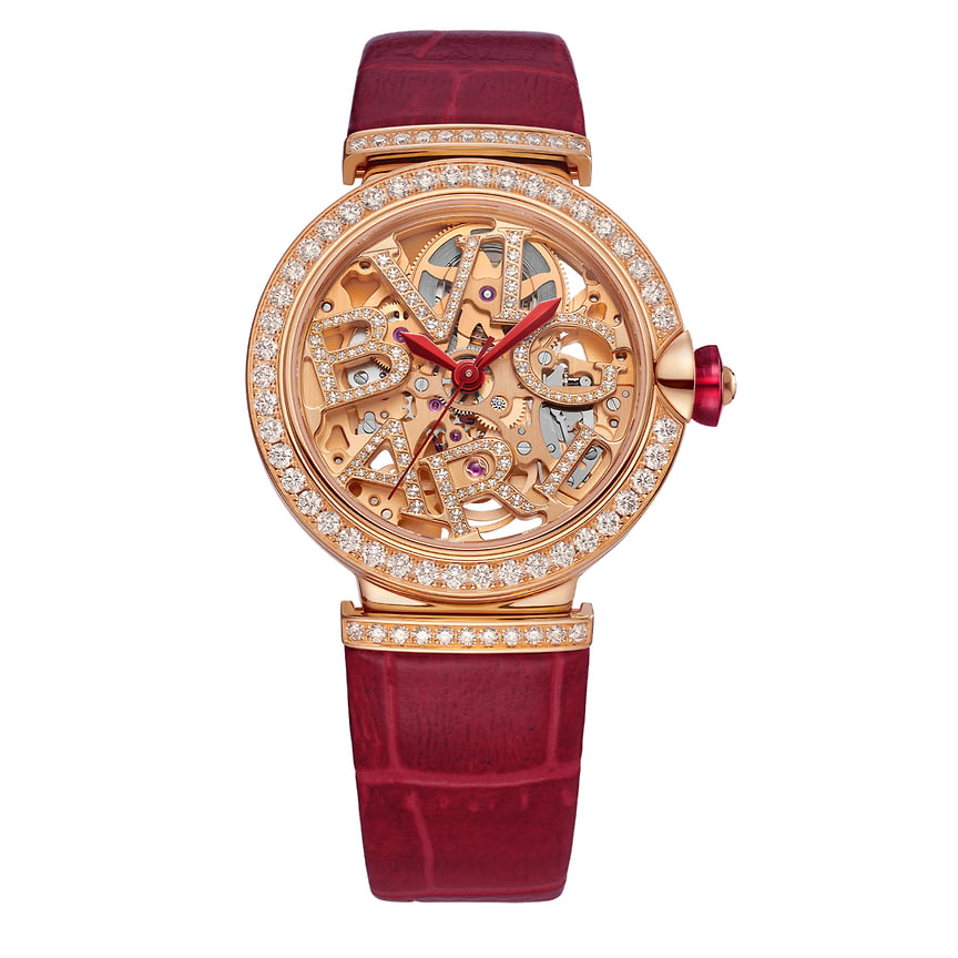 Bvlgari, часы Lvcea Skeleton, 33 мм, розовое золото, бриллианты, рубеллит, механизм с автоматическим подзаводом 