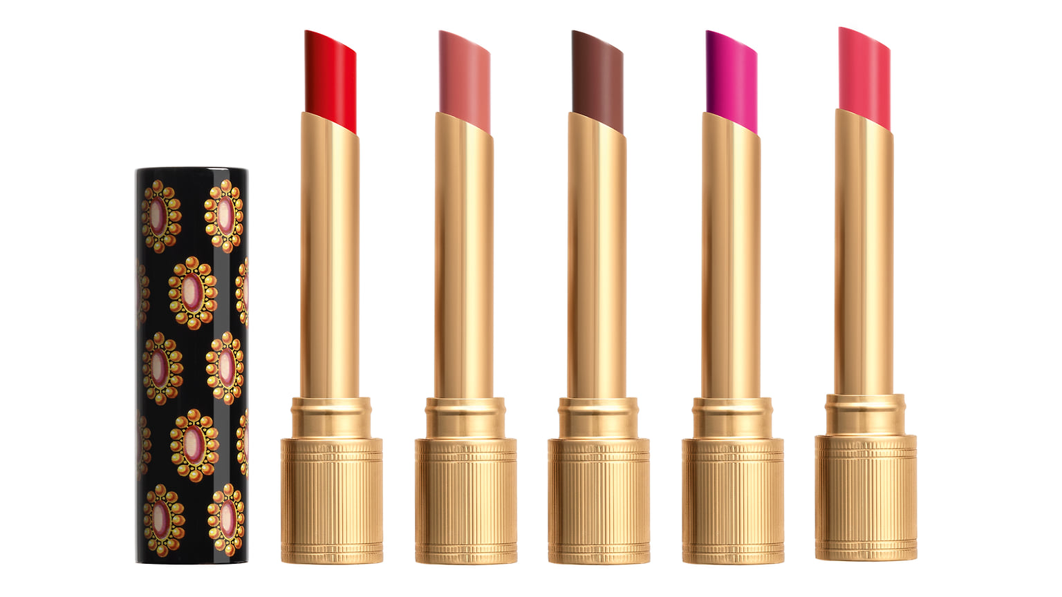 Gucci, увлажняющая помада Rouge De Beaut Brillant с цветочными и фруктовыми маслами и гиалуроновой кислотой в составе. Выходит в 15 оттенках. 