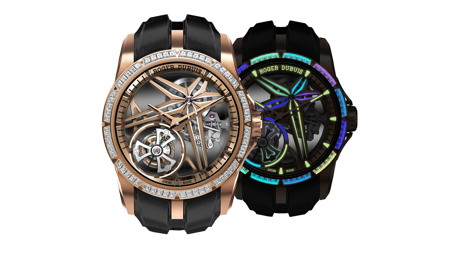 Самые светящиеся: Roger Dubuis Excalibur Single Flying Tourbillon Glow Me Up. Фантастическую разноцветную подсветку обеспечивает люминесцентный состав, нанесенный на мост механизма, каретку турбийона, часовые метки и даже посадочные места под 60 бриллиантов багетной огранки 