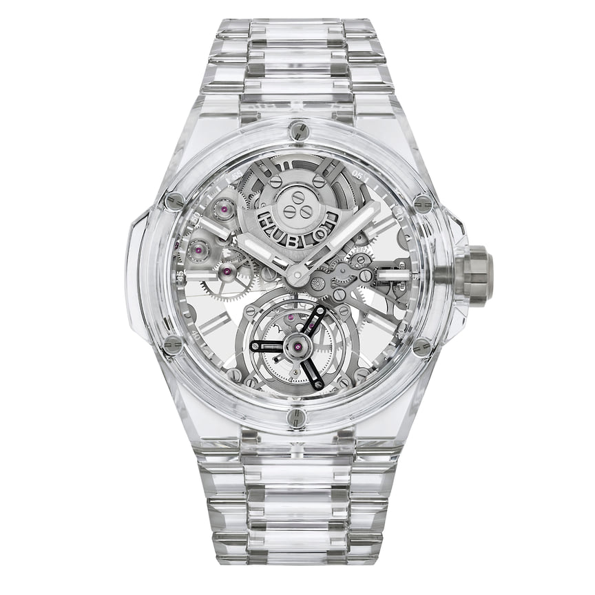 Самые транспарентные: Hublot Big Bang Integral Tourbillon Full Sapphire. Корпус и браслет выполнены из абсолютно прозрачного сапфирового стекла 