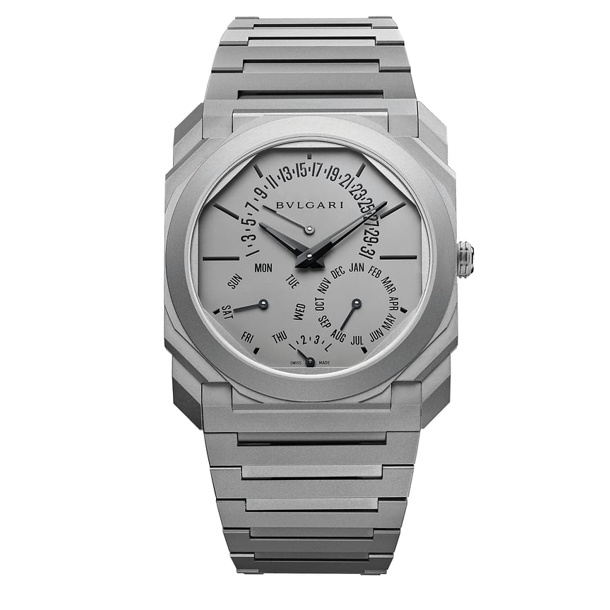 Самые тонкие: Bvlgari Octo Finissimo Perpetual Calendar. Толщина автоматического ультратонкого механизма — 2,75 мм, корпуса из титана — 5,8 мм. Мировой рекорд для часов с вечным календарем 