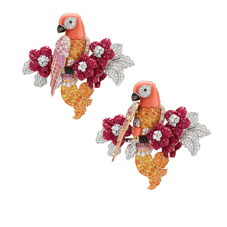 Van Cleef & Arpels, брошь Le Secrete Sous son Aile, белое и розовое золото, коралл, оникс, сапфиры, рубины, бриллианты