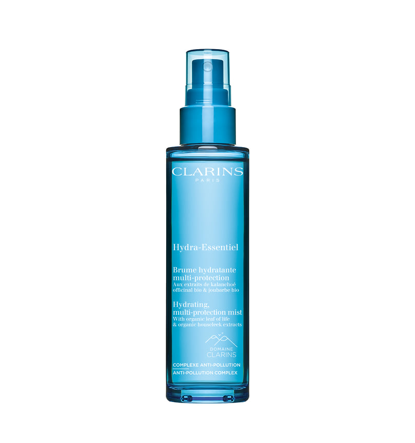 Clarins, интенсивно увлажняющий защитный спрей для лица Hydra-Essentiel с гиалуроновой кислотой, экстрактами василька и каланхоэ.