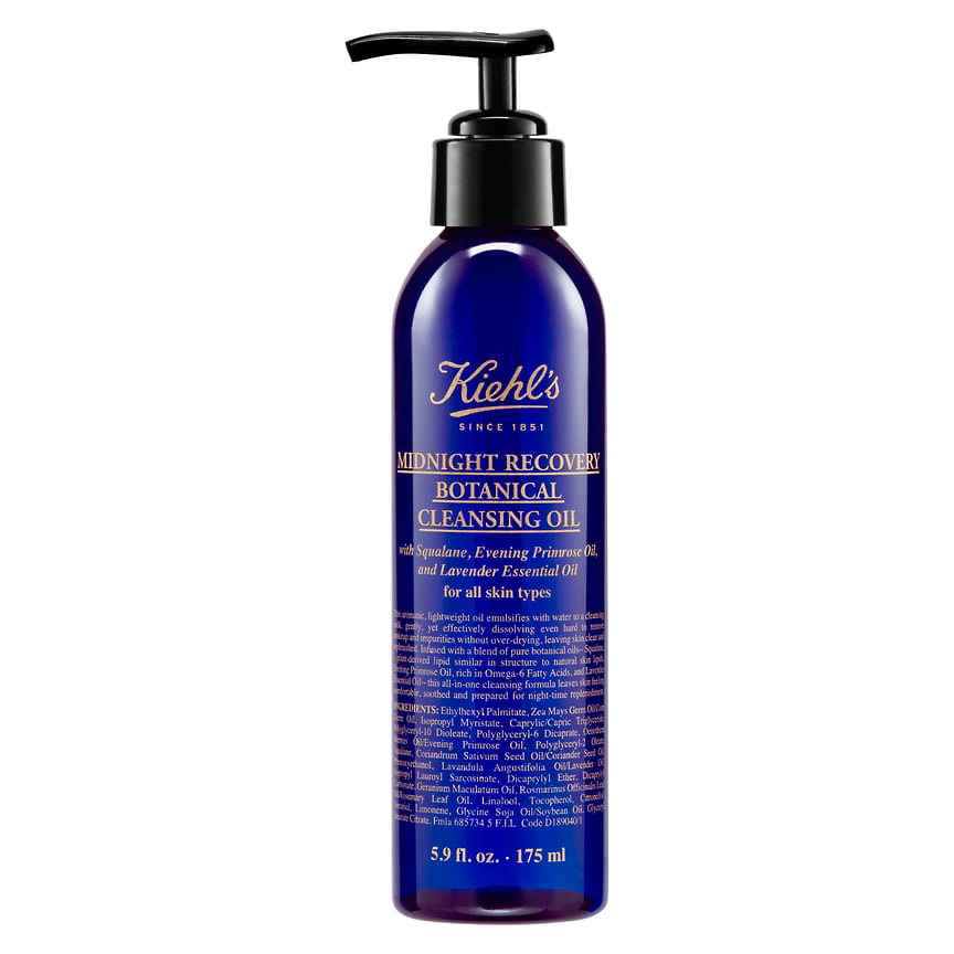 Kiehl’s, масло для снятия макияжа и очищения кожи лица Midnight Recovery Botanical Cleansing Oil. В составе - масло вечерней примулы, эфирное масло лаванды и сквалан. Не содержит мыла, сульфатов, минерального масла.