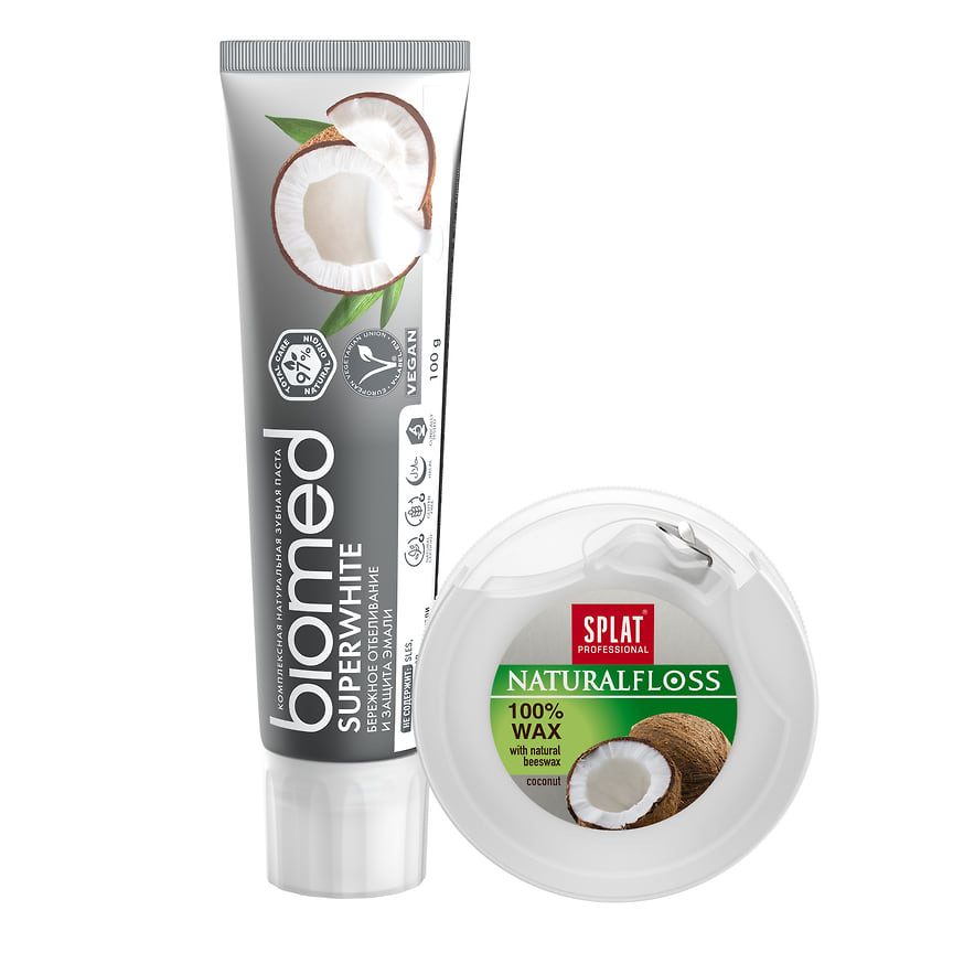 Splat: освежающая зубная паста Biomed Superwhite и вощеная зубная нить со вкусом и ароматом кокоса. 